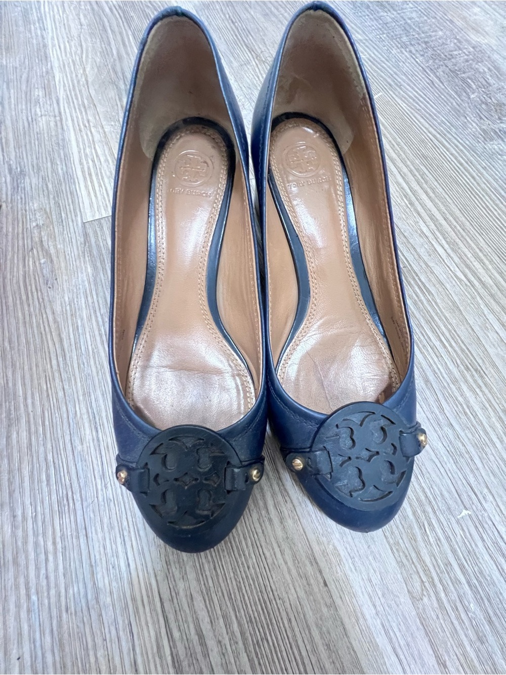 Tory Burch Navy Leather Logo Toe Ballet Flats